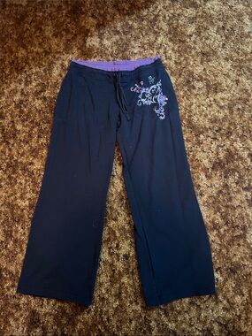 Y2k Black Lounge Pants with Purple Waistband and Floral Embroidery
